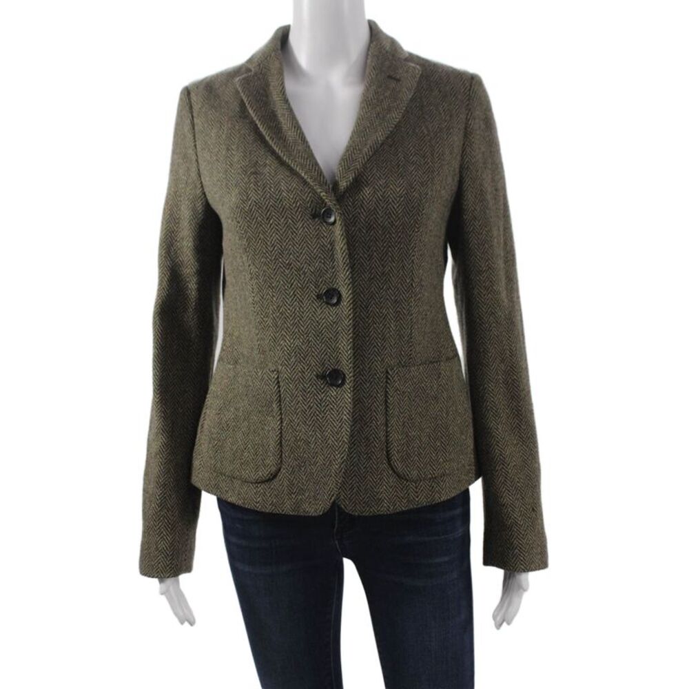 Ines De La Fressange Women Herringbone Wool Button Jacket Green Size S